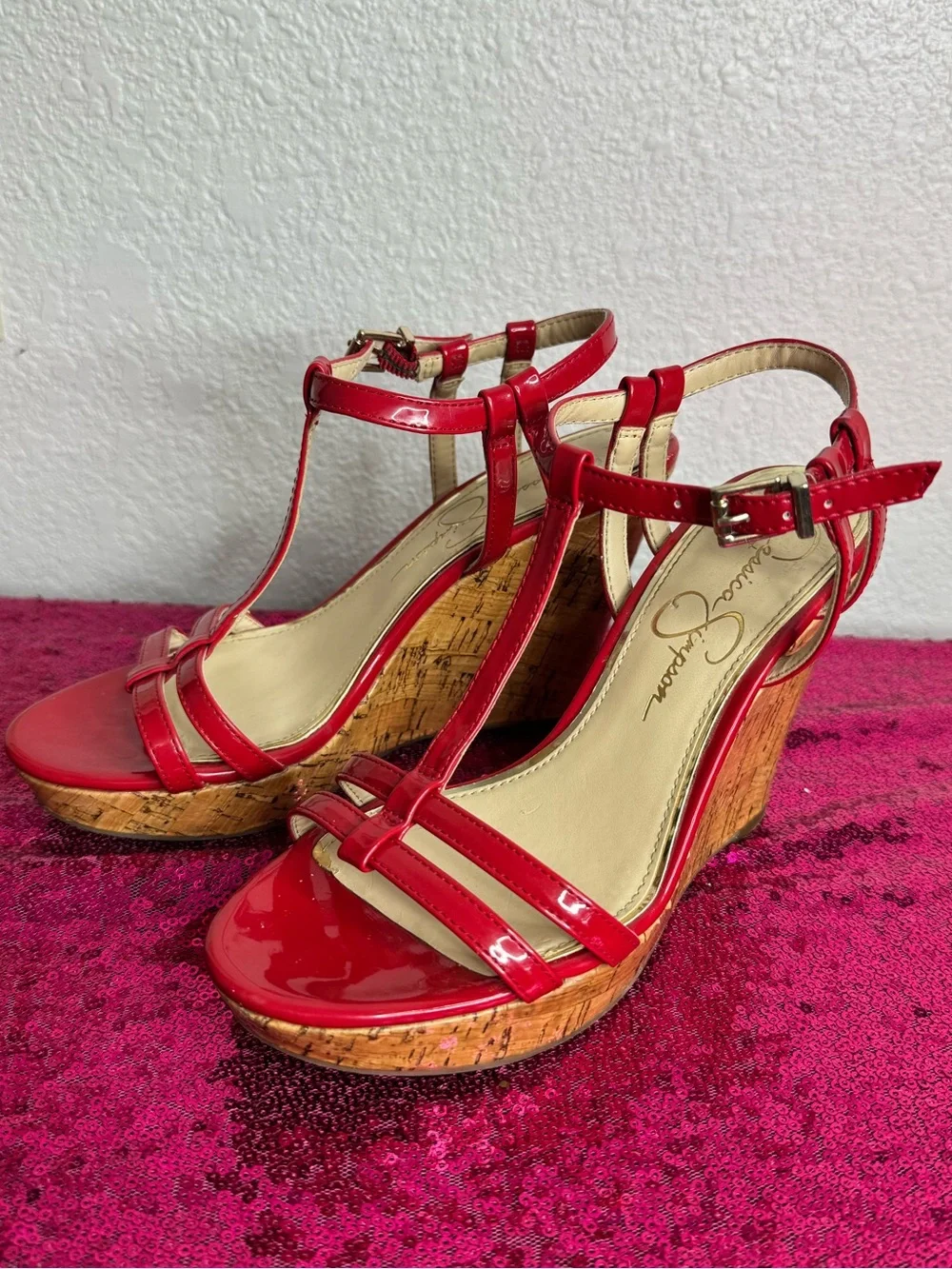 2/for $20 🪩 JESSICA SIMPSON Red Patent T-Strap Cork Wedge Sandals (Women’s 6)
